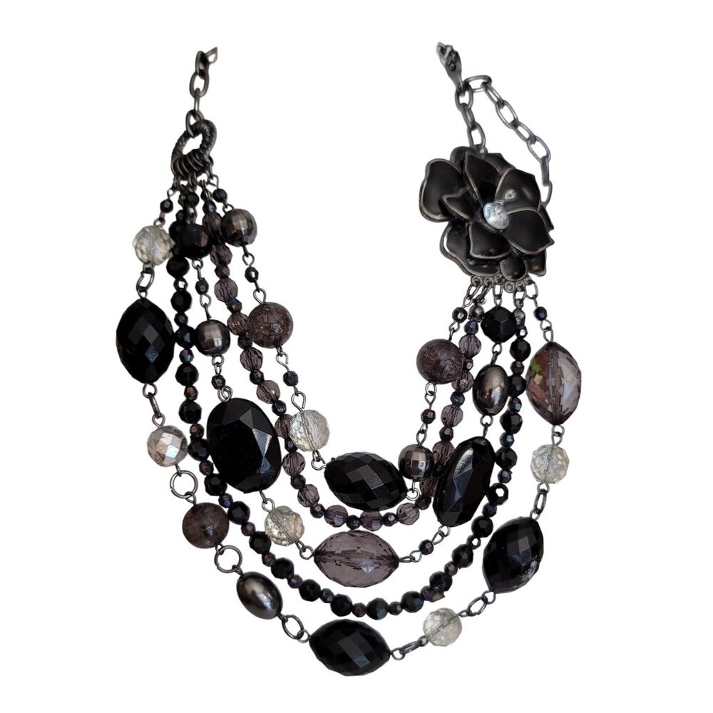 NY & Co. Gothic Black Enamel Flower Beads Multi Strand Necklace, 18.5" Long